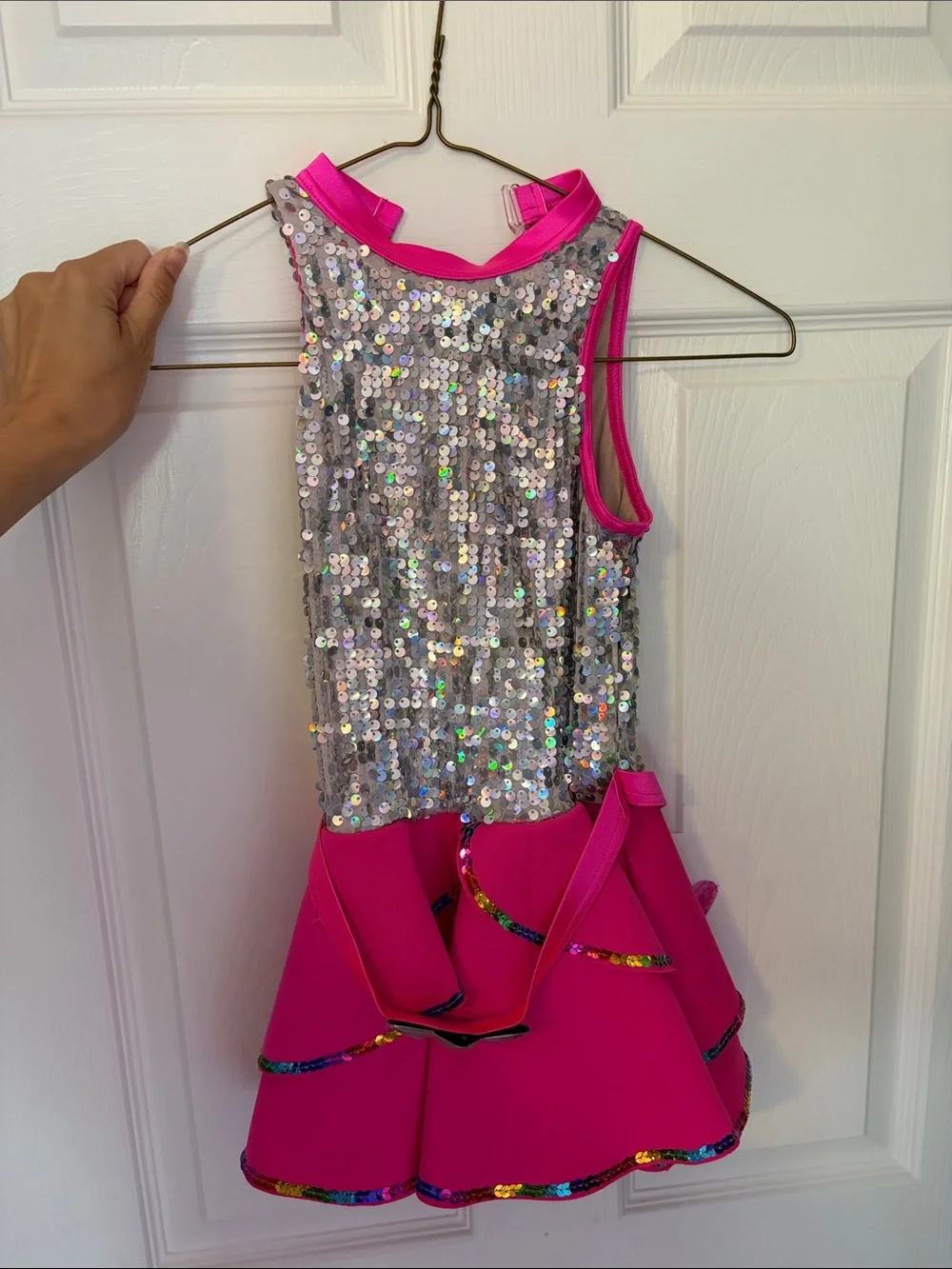 Weissman size IC . Kids Sequin Dance Costume Hot Pink & Silver. With Hair piece.